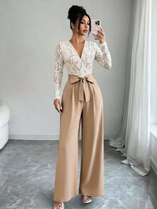 SHEIN Elegant Fashion Commute Vacation V-Neck Printed Patchwork Tie Wide Leg Women's Long Sleeve Jumpsuit - Khaki - View 5