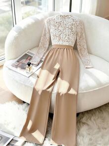 SHEIN Elegant Fashion Commute Vacation V-Neck Printed Patchwork Tie Wide Leg Women's Long Sleeve Jumpsuit - Khaki - View 3