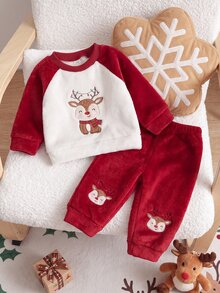 SHEIN Playful Pals 2pcs/Set Baby Boy Christmas Red Deer Embroidered Long Sleeve Pants Fleece Warm Outfit, Suitable For Autumn/Winter Daily Versatile Wear - Red and White - View 3
