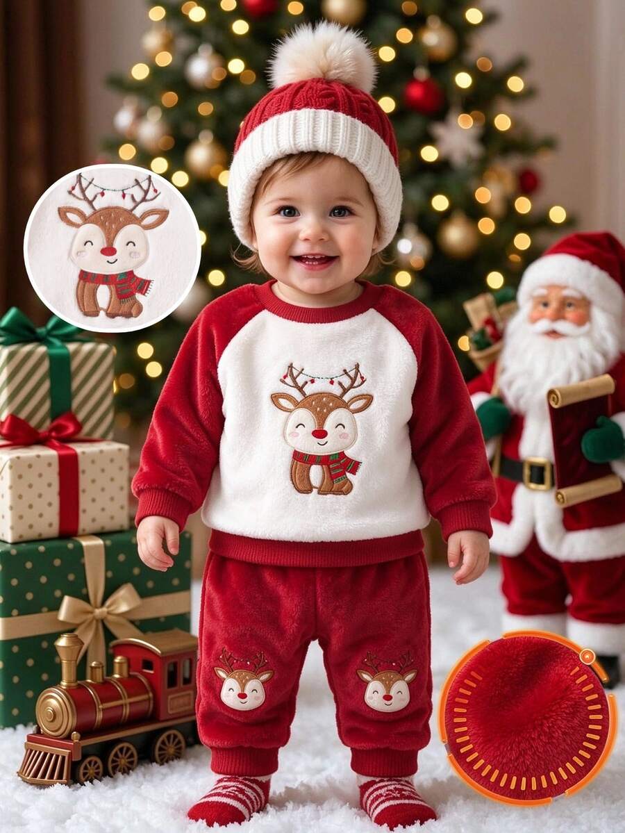 SHEIN Playful Pals 2pcs/Set Baby Boy Christmas Red Deer Embroidered Long Sleeve Pants Fleece Warm Outfit, Suitable For Autumn/Winter Daily Versatile Wear - Red and White - View 1