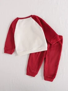 SHEIN Playful Pals 2pcs/Set Baby Boy Christmas Red Deer Embroidered Long Sleeve Pants Fleece Warm Outfit, Suitable For Autumn/Winter Daily Versatile Wear - Red and White - View 2