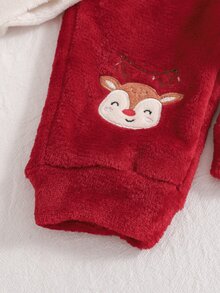 SHEIN Playful Pals 2pcs/Set Baby Boy Christmas Red Deer Embroidered Long Sleeve Pants Fleece Warm Outfit, Suitable For Autumn/Winter Daily Versatile Wear - Red and White - View 8