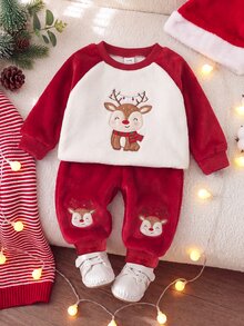 SHEIN Playful Pals 2pcs/Set Baby Boy Christmas Red Deer Embroidered Long Sleeve Pants Fleece Warm Outfit, Suitable For Autumn/Winter Daily Versatile Wear - Red and White - View 4