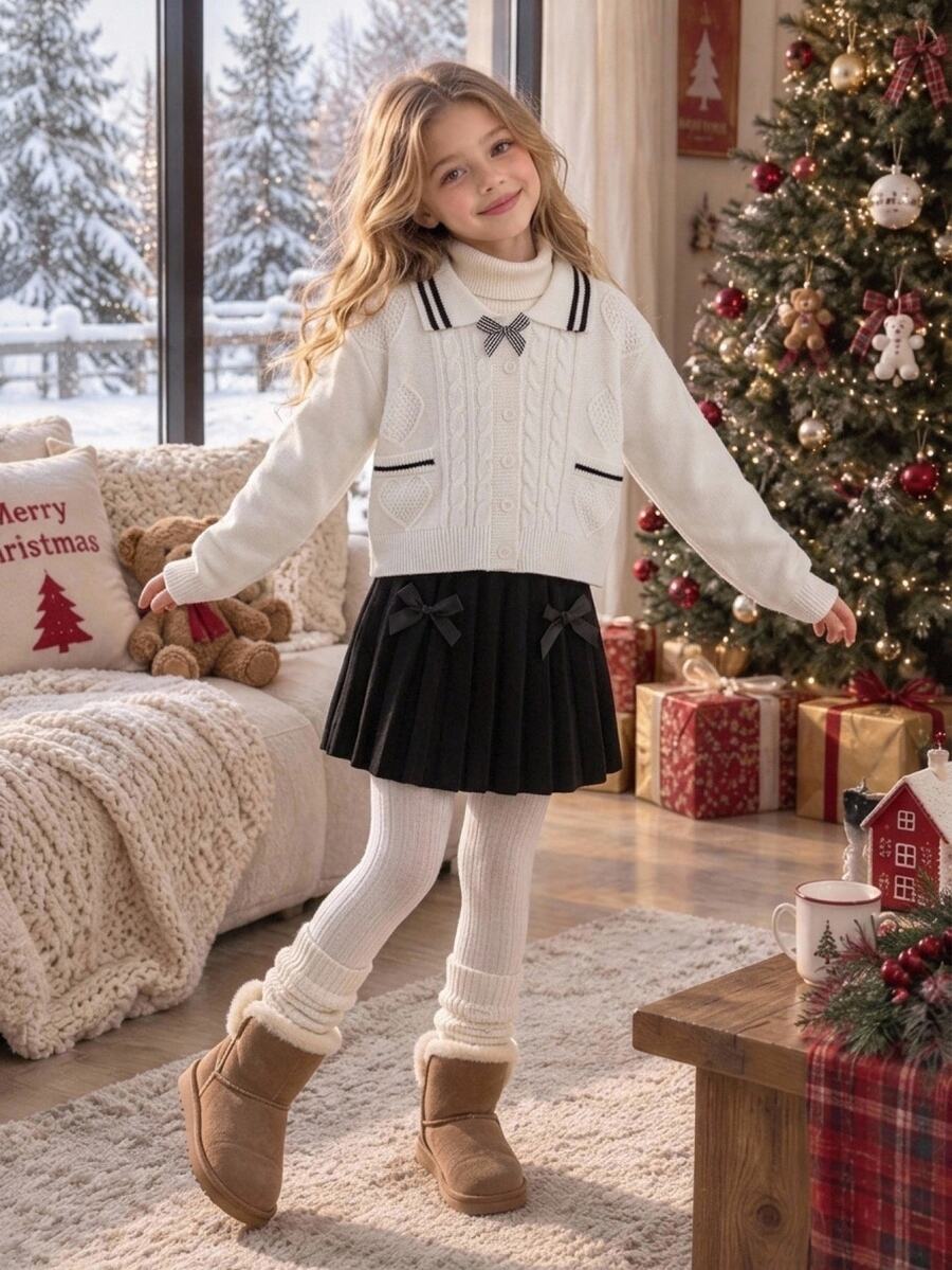 SHEIN Girls' Autumn/Winter Fashion Heart & Bow Knitted Sweater Long Sleeve Cardigan With Black Skirt Set - Beige - View 1