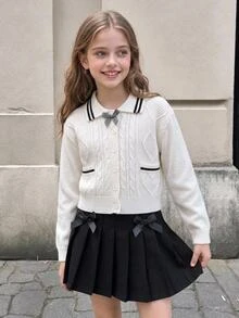 SHEIN Girls' Autumn/Winter Fashion Heart & Bow Knitted Sweater Long Sleeve Cardigan With Black Skirt Set - Beige - View 11
