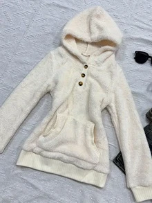 INAWLY Autumn/Winter Casual Slouchy Half-Button Hooded Fleece Sweatshirt, Kangaroo Pocket, Loose Drop Shoulder Fit, Soft Fleece Fabric, Suitable For Home, Casual, Shopping And Outings - Beige - View 5