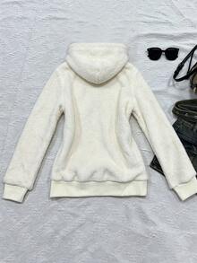 INAWLY Autumn/Winter Casual Slouchy Half-Button Hooded Fleece Sweatshirt, Kangaroo Pocket, Loose Drop Shoulder Fit, Soft Fleece Fabric, Suitable For Home, Casual, Shopping And Outings - Beige - View 4