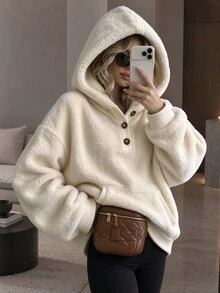 INAWLY Autumn/Winter Casual Slouchy Half-Button Hooded Fleece Sweatshirt, Kangaroo Pocket, Loose Drop Shoulder Fit, Soft Fleece Fabric, Suitable For Home, Casual, Shopping And Outings - Beige - View 2