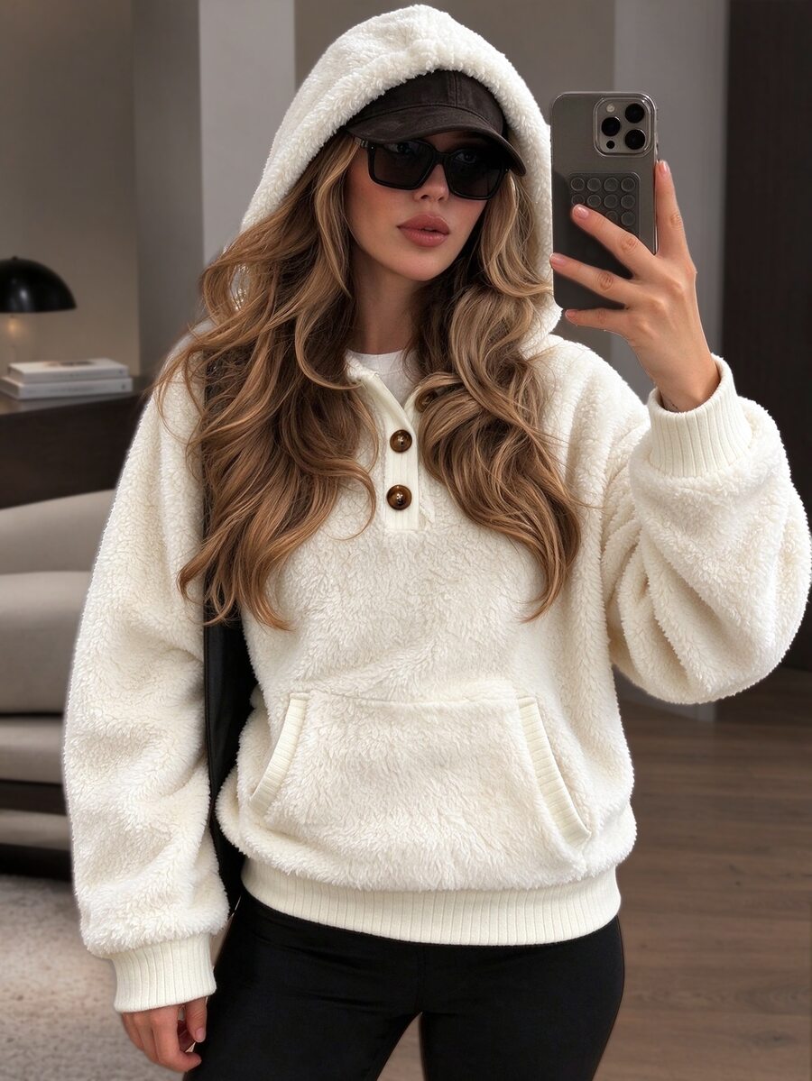 INAWLY Autumn/Winter Casual Slouchy Half-Button Hooded Fleece Sweatshirt, Kangaroo Pocket, Loose Drop Shoulder Fit, Soft Fleece Fabric, Suitable For Home, Casual, Shopping And Outings - Beige - View 1