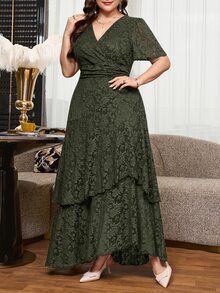 Reflora 大尺碼交叉領蕾絲洋裝，派對婚禮賓客正式夏季浪漫優雅風 - 軍綠色 - 查看 6