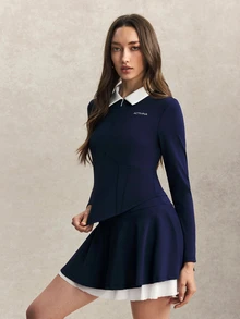 Activina Women's Letter Print Contrast Color Lapel Zipper Half-Placket Long Sleeve Top And Skort Sports Set Tennis Golf Daily Wear Fall White And Navy Workout - Navy Blue - View 4