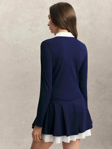 Activina Women's Letter Print Contrast Color Lapel Zipper Half-Placket Long Sleeve Top And Skort Sports Set Tennis Golf Daily Wear Fall White And Navy Workout - Navy Blue - View 2