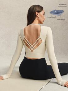 Activina 女款素色休閒運動性感運動日常旅行運動T恤露背米色時尚長袖秋季瑜伽健身優雅健身房運動衫 - 杏色 - 查看 3