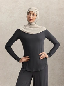 Activina Women's Muslim Modest Autumn Long Sleeve Activewear Top Loose Crew Neck Mesh Panel Yoga Gym Running Grey Fitness Gym Middle East Sun Protection - Grey - View 3