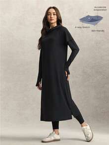 Activina Women's Muslim Modest Simple Hooded Long Tunic Top Loose Long Sleeve Side Slit T-Shirt Casual Oversized Middle East Active Walking Running Black Fall - Black - View 1