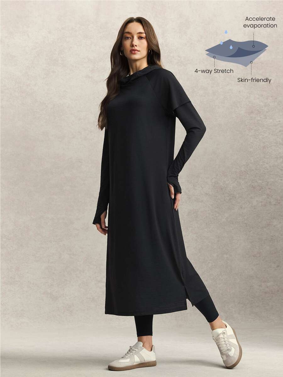 Activina Women's Muslim Modest Simple Hooded Long Tunic Top Loose Long Sleeve Side Slit T-Shirt Casual Oversized Middle East Active Walking Running Black Fall - Black - View 1