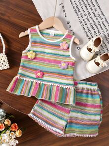 SHEIN Baby Girl Clothes Summer Dress 2pcs Summer Baby GirlSet - Sleeveless Floral & Rainbow Striped Knit Top With Dot Ruffle Trim + Comfy Wide Leg Shorts - Green - View 1