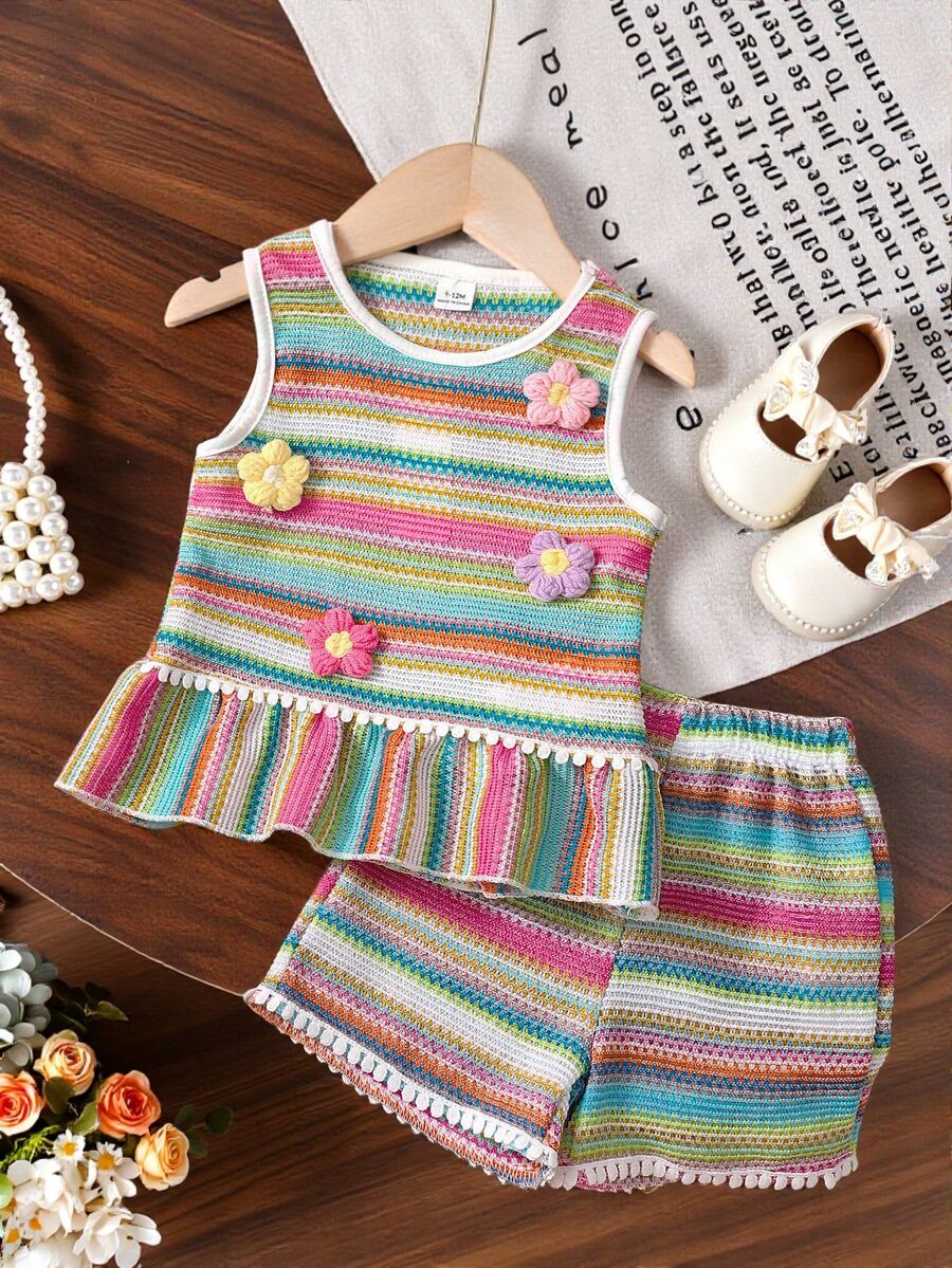 SHEIN Baby Girl Clothes Summer Dress 2pcs Summer Baby GirlSet - Sleeveless Floral & Rainbow Striped Knit Top With Dot Ruffle Trim + Comfy Wide Leg Shorts - Green - View 1