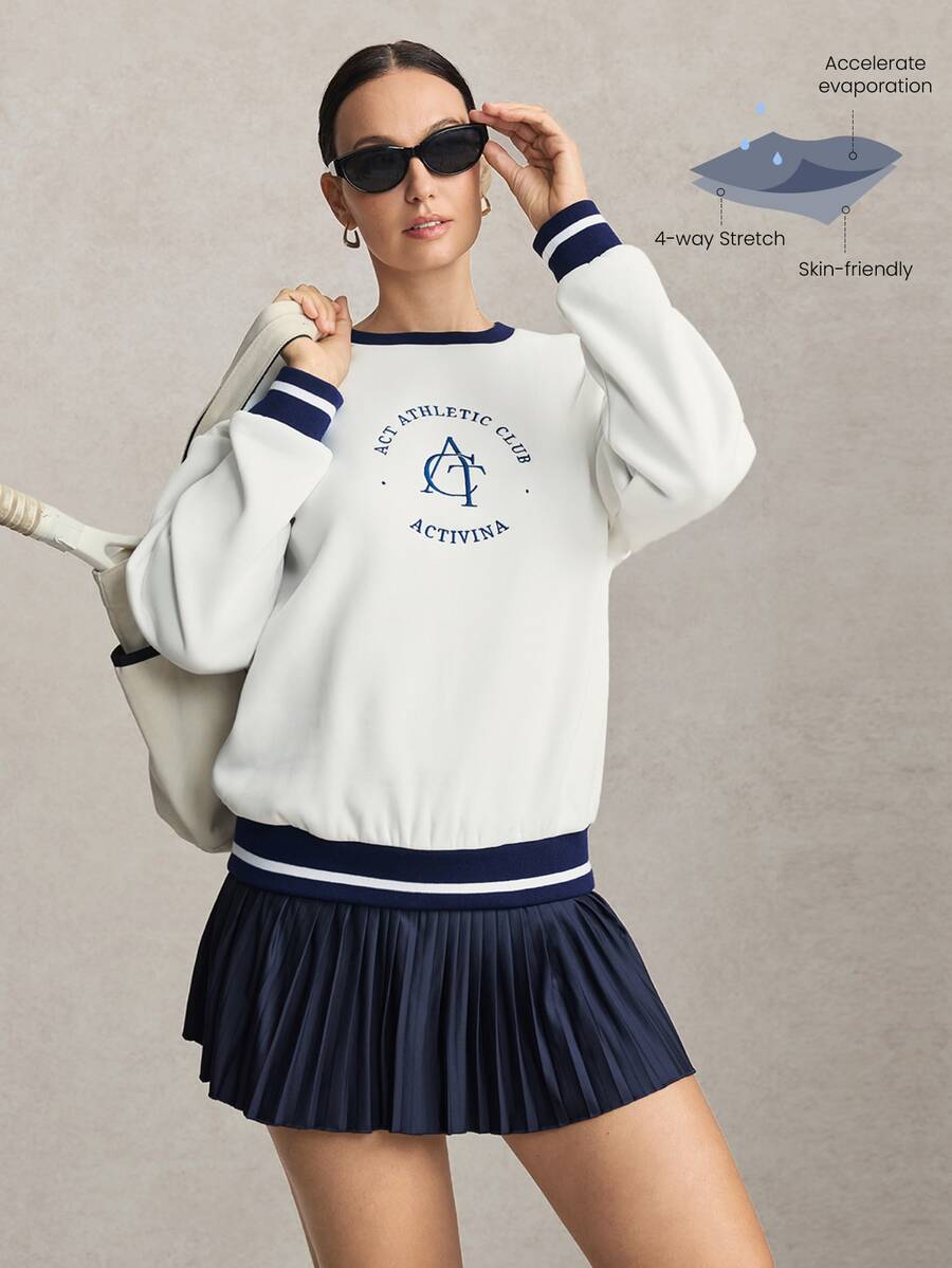 Activina Colorblock Patchwork Letter Embroidery Sports Sweatshirt Fleece-Lined, Brushed-Finish Sweatshirt-Soft Against The Skin And Warm Tennis And Workout - White - View 1