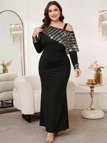 Reflora Plus Size Women Cold Shoulder Ruched Elegant Sexy Waist-Cinching Party Dinner Formal Evening Dress Autumn Halloween Black Christmas - Black - View 1