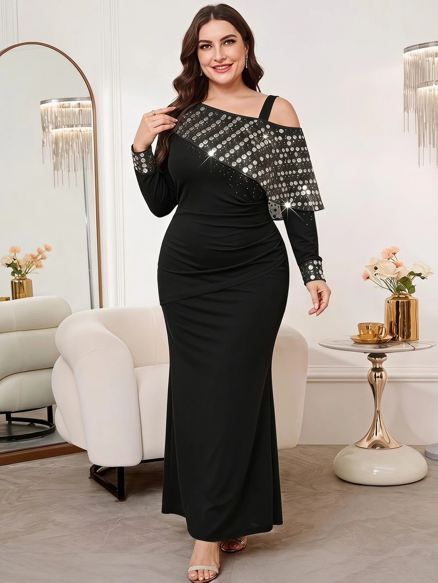 Reflora Plus Size Women Cold Shoulder Ruched Elegant Sexy Waist-Cinching Party Dinner Formal Evening Dress Autumn Halloween Black Christmas - Black - View 1