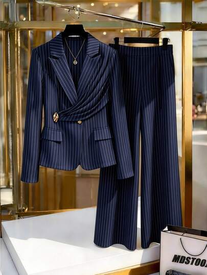 GlowEve CURVE Plus Size Women's Elegant Long Sleeve Asymmetrical Lapel Blue & White Colorblock Striped Blazer + Straight Leg Wide Leg Pants 2 Pieces Set, Slimming Minimalist Fit With Metal Button Decor, Suitable For Daily Wear, Commute, Date, Party