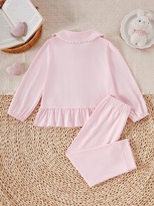 Autumn/Winter Young Girl 2 Pieces Set, Cute Rabbit Pocket Embroidery, Delicate White Lace Peter Pan Collar, Elegant Ruffle Hem, Pink Cardigan, Long Sleeve, Long Pants, Loungewear - Pink - View 3