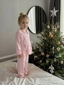 Autumn/Winter Young Girl 2 Pieces Set, Cute Rabbit Pocket Embroidery, Delicate White Lace Peter Pan Collar, Elegant Ruffle Hem, Pink Cardigan, Long Sleeve, Long Pants, Loungewear - Pink - View 1