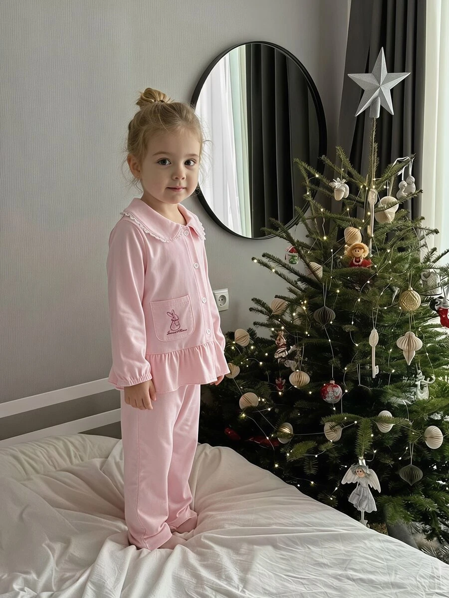 Autumn/Winter Young Girl 2 Pieces Set, Cute Rabbit Pocket Embroidery, Delicate White Lace Peter Pan Collar, Elegant Ruffle Hem, Pink Cardigan, Long Sleeve, Long Pants, Loungewear - Pink - View 1
