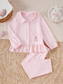 Autumn/Winter Young Girl 2 Pieces Set, Cute Rabbit Pocket Embroidery, Delicate White Lace Peter Pan Collar, Elegant Ruffle Hem, Pink Cardigan, Long Sleeve, Long Pants, Loungewear - Pink - View 2