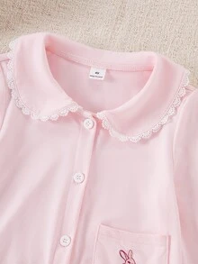 Autumn/Winter Young Girl 2 Pieces Set, Cute Rabbit Pocket Embroidery, Delicate White Lace Peter Pan Collar, Elegant Ruffle Hem, Pink Cardigan, Long Sleeve, Long Pants, Loungewear - Pink - View 5
