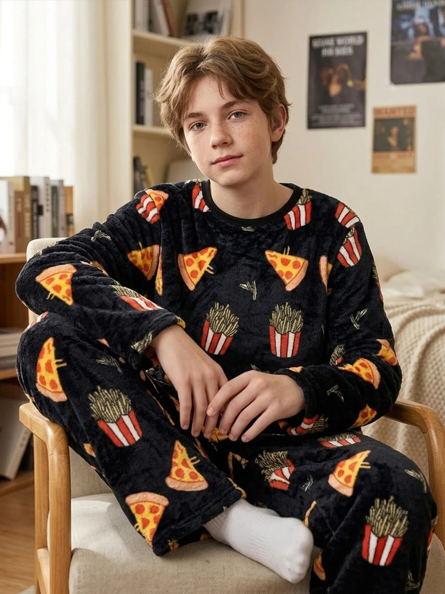 SHEIN 青少年男孩 2件組休閒披薩圖案 + 法式薯條圖案滿版印花厚款長袖圓領居家褲,適合秋冬開學季,舒適穿著 - 彩色 - 查看 1