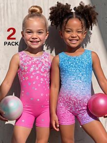 Young Girl) 2 Pieces Athletic Set, Sleeveless One-Piece Leotard With Shorts, Pink Star Gradient Glitter Print, Suitable For Gymnastics, Competition, Performance And Daily Sports, High Cost-Performance, Knitted High Elastic Comfortable Fabric - Multicolor - View 2