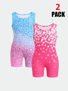 Young Girl) 2 Pieces Athletic Set, Sleeveless One-Piece Leotard With Shorts, Pink Star Gradient Glitter Print, Suitable For Gymnastics, Competition, Performance And Daily Sports, High Cost-Performance, Knitted High Elastic Comfortable Fabric - Multicolor - View 5