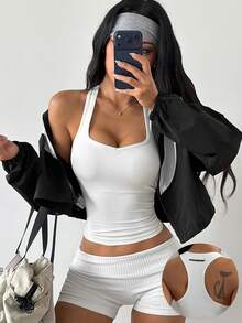 Coolane Women Y2K Square Neck Racerback Tank Top, Slim Fit Sleeveless Workout Yoga Top, Summer Basic Activewear Cami - White - View 4