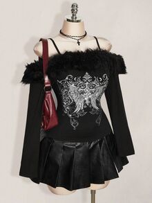 SHEIN ICON 女款大尺碼秋冬復古性感千禧風Y2K時尚休閒露肩人造毛拼接哥德風翅膀圖案黑色T恤 - 黑色 - 查看 9