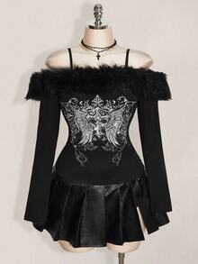 SHEIN ICON 女款大尺碼秋冬復古性感千禧風Y2K時尚休閒露肩人造毛拼接哥德風翅膀圖案黑色T恤 - 黑色 - 查看 7