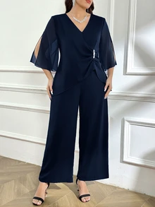 Reflora Plus Size Women V-Neck Ruched Metal Decor Split Sleeve Shirt And Casual Elegant Loose Wide Leg Pants 2-Piece Set Autumn Wedding Dinner Navy Blue - Navy Blue - View 7