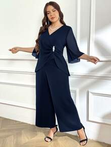 Reflora Plus Size Women V-Neck Ruched Metal Decor Split Sleeve Shirt And Casual Elegant Loose Wide Leg Pants 2-Piece Set Autumn Wedding Dinner Navy Blue - Navy Blue - View 5