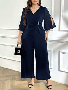 Reflora Plus Size Women V-Neck Ruched Metal Decor Split Sleeve Shirt And Casual Elegant Loose Wide Leg Pants 2-Piece Set Autumn Wedding Dinner Navy Blue - Navy Blue - View 3