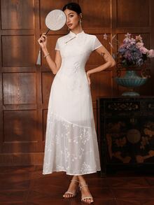 EastFlair New Chinese Style Elegant Embroidered Cheongsam Dress Dinner Date White Flower Summer Tea Party For Everyday Wear - White - View 2