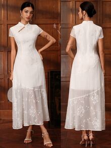EastFlair New Chinese Style Elegant Embroidered Cheongsam Dress Dinner Date White Flower Summer Tea Party For Everyday Wear - White - View 1