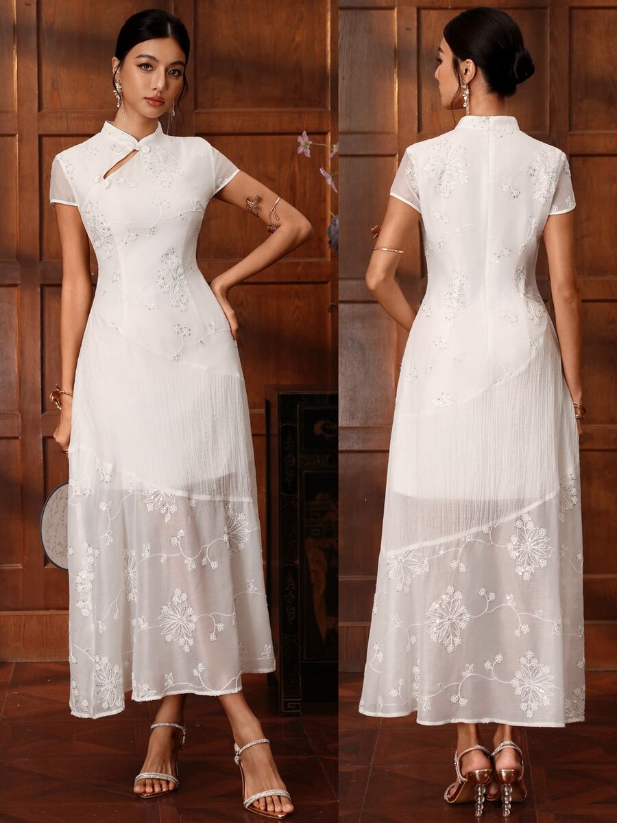 EastFlair New Chinese Style Elegant Embroidered Cheongsam Dress Dinner Date White Flower Summer Tea Party For Everyday Wear - White - View 1