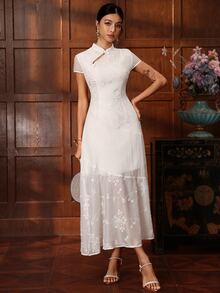 EastFlair New Chinese Style Elegant Embroidered Cheongsam Dress Dinner Date White Flower Summer Tea Party For Everyday Wear - White - View 6