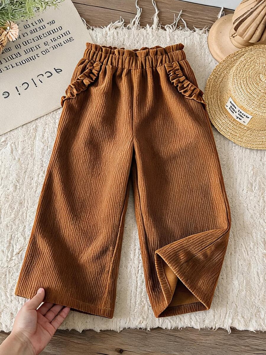 SHEIN LMoss Kids LMoss 女童寬腿燈芯絨休閒寬鬆長褲 寬腿荷葉邊褲 冬季衣物 秋季長褲 - 棕色 - 查看 1
