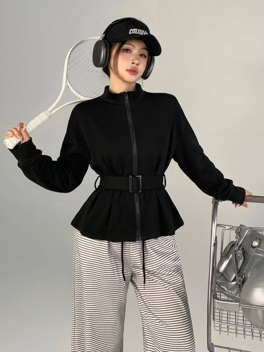 DAZY جاكيت رياضي نسائي بلون موحد وأكمام طويلة وسحاب أمامي، ستايل كوري للخريف - الأسود - مشاهدة 1