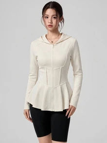 DAZY Jaket Olahraga Wanita Kasual Minimalis Warna Polos dengan Resleting dan Tudung, Hem Berkerut, Potongan Slim Fit untuk Musim Gugur - Krem - View 7