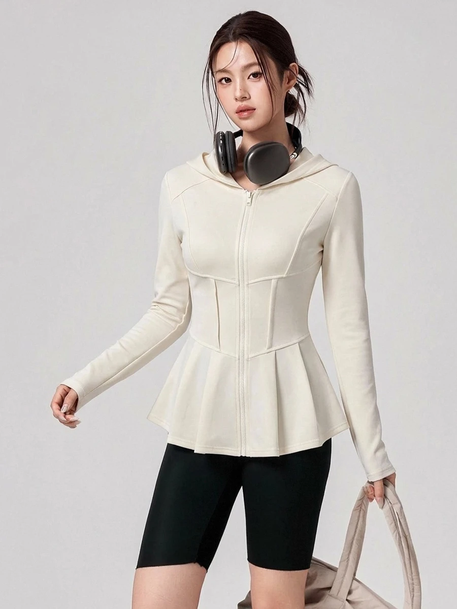 DAZY Jaket Olahraga Wanita Kasual Minimalis Warna Polos dengan Resleting dan Tudung, Hem Berkerut, Potongan Slim Fit untuk Musim Gugur - Krem - View 1