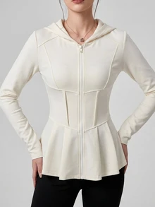 DAZY Jaket Olahraga Wanita Kasual Minimalis Warna Polos dengan Resleting dan Tudung, Hem Berkerut, Potongan Slim Fit untuk Musim Gugur - Krem - View 4