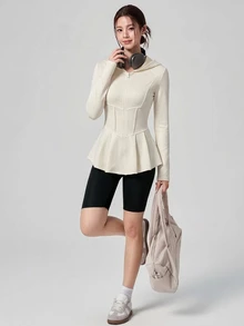 DAZY Jaket Olahraga Wanita Kasual Minimalis Warna Polos dengan Resleting dan Tudung, Hem Berkerut, Potongan Slim Fit untuk Musim Gugur - Krem - View 3
